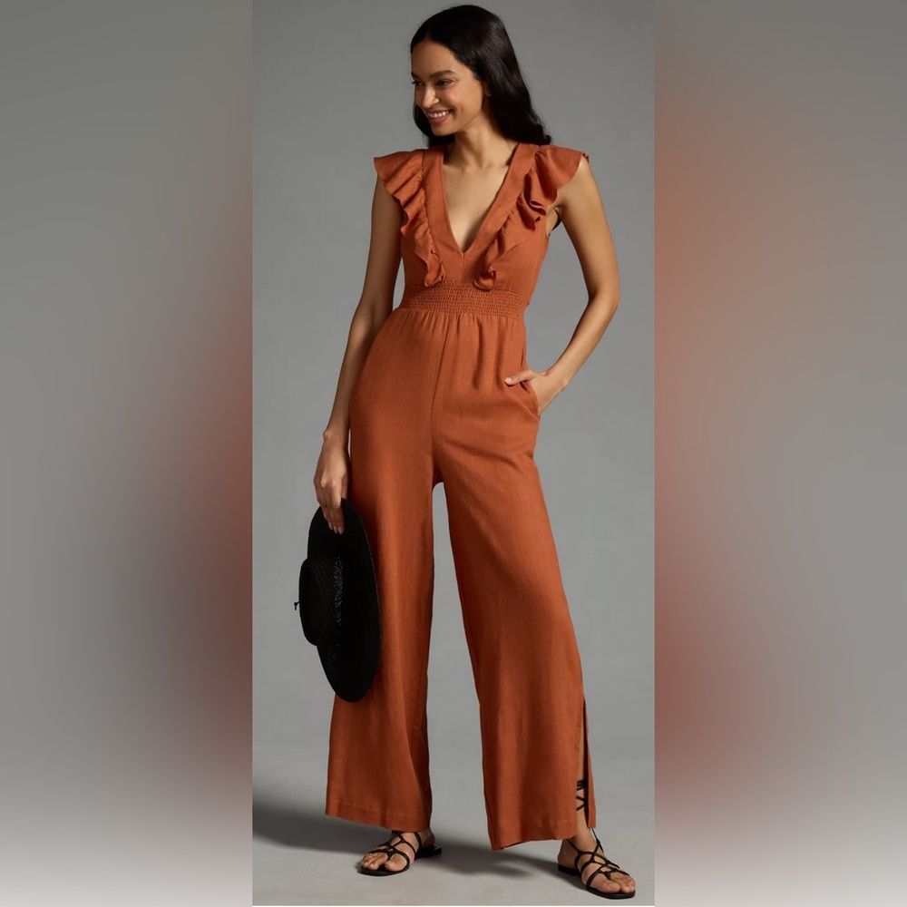 By Anthropologie V-Neck Ruffle Jumpsuit Preowned